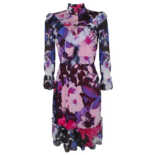 Purple Floral Print Buttoned Dress