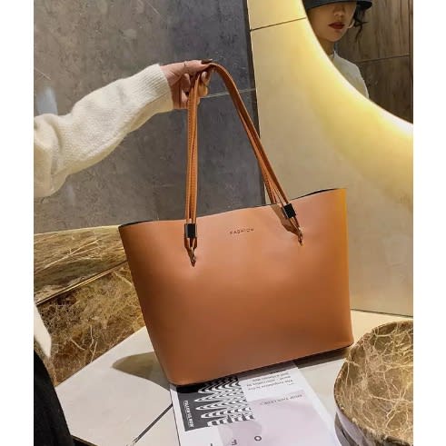 Beautiful Double Strap Handle Tote Leather Handbag - Nude