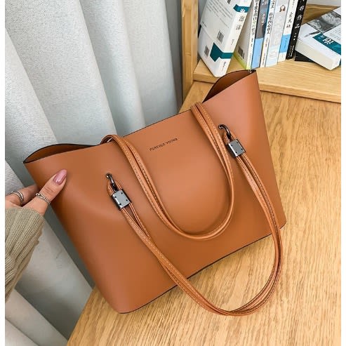 Beautiful Double Strap Handle Tote Leather Handbag - Nude