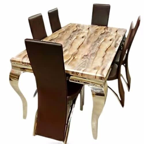 Oxlyngames Marble Dining Table Set - 6 Chairs  - Brown