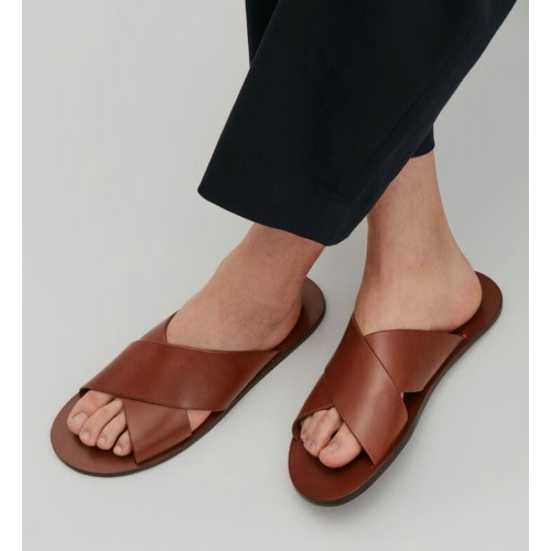 Crossed Leather Female Slide - Brown