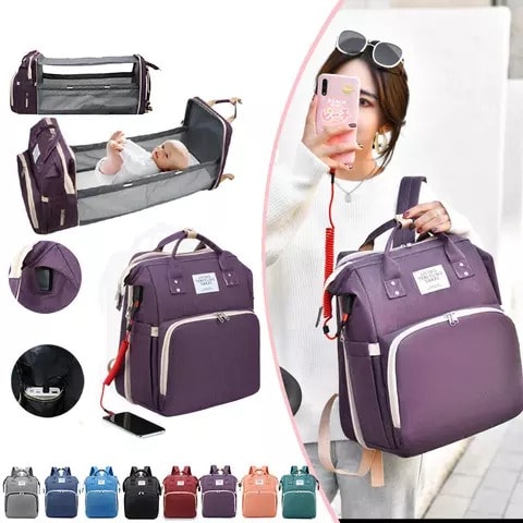 Baby Diaper Bag With Crib Space, Crib Sunshade, Crib Mattress, Usb Charging Port & Cable