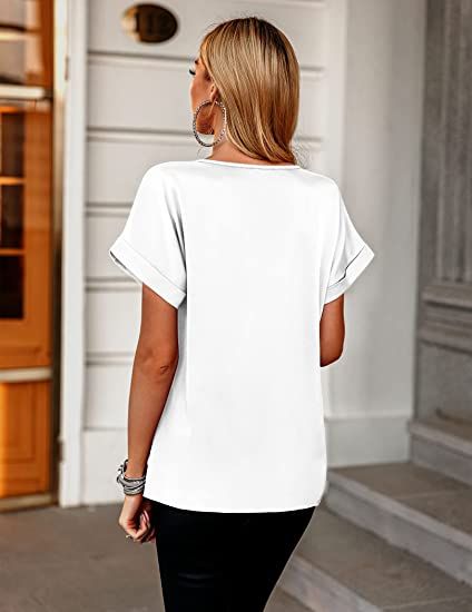 Off-White Short Sleeve Satin Silk Top V-neck Chest Pocket Blouse Loose Fit Ladies Shirt