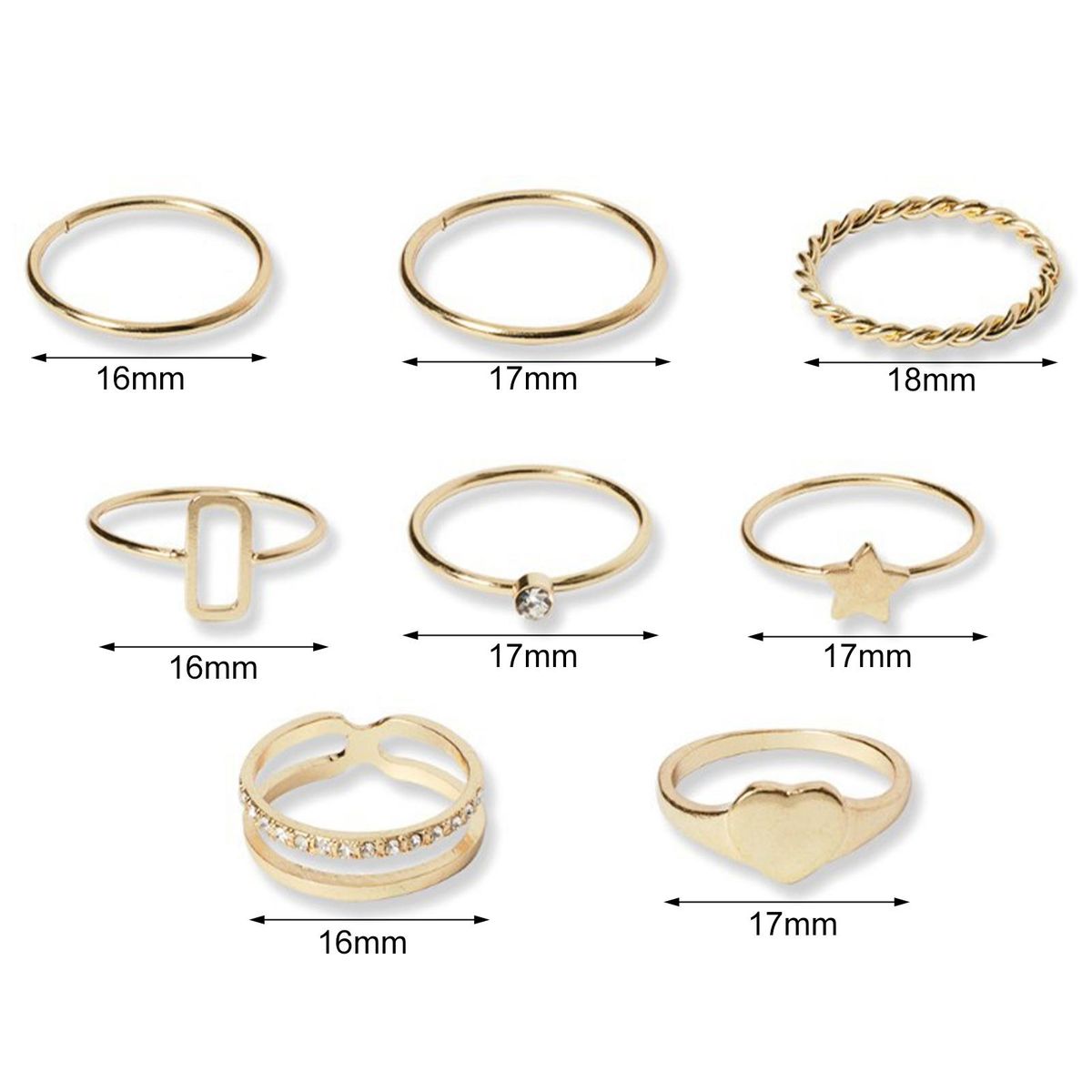 8Pcs Finger Rings Five-pointed Star Rhinestones-Golden