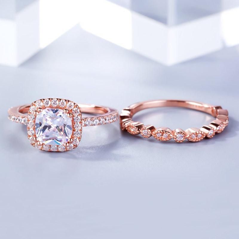 2Pcs/Set Women Emerald Cut Cubic Zirconia Stacking-Rose Gold