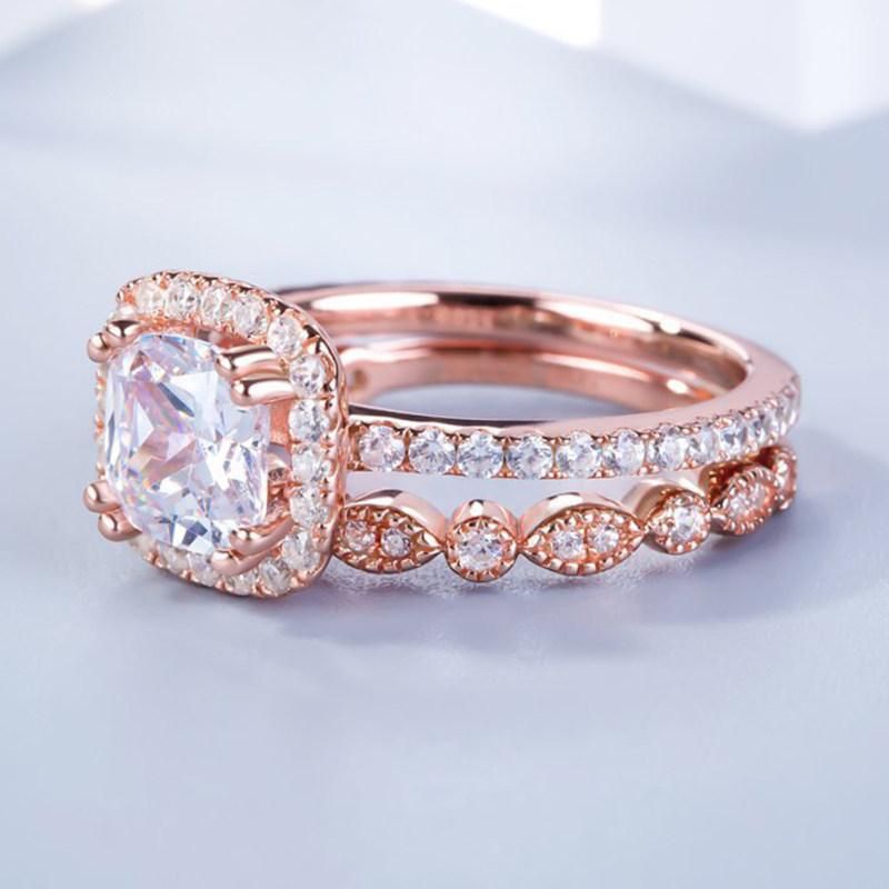 2Pcs/Set Women Emerald Cut Cubic Zirconia Stacking-Rose Gold