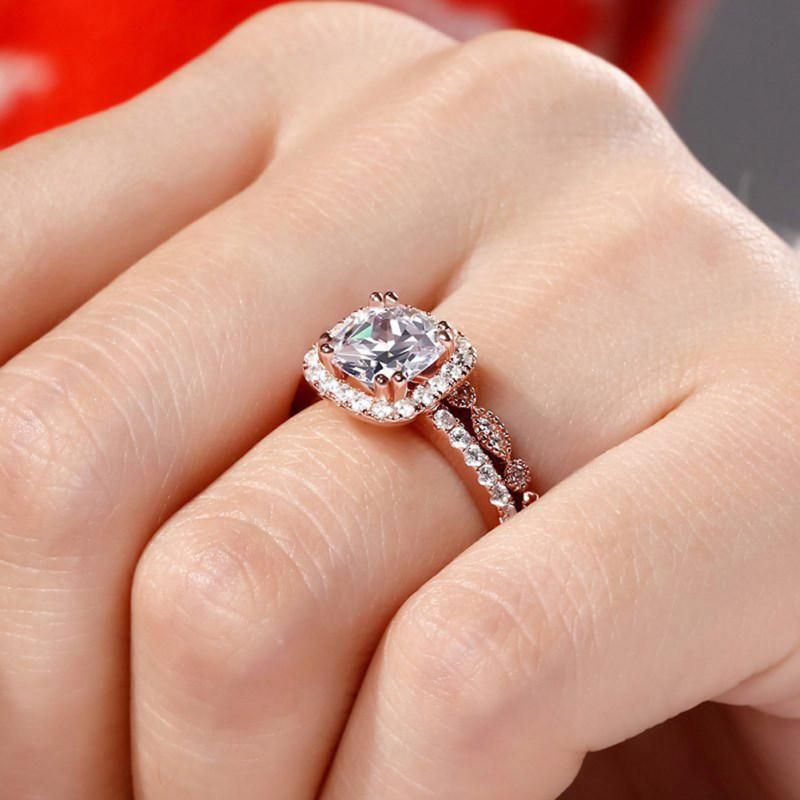 2Pcs/Set Women Emerald Cut Cubic Zirconia Stacking-Rose Gold