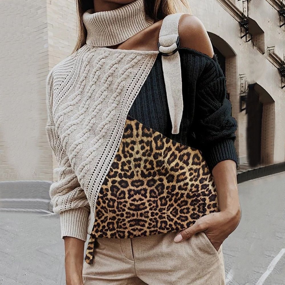Leopard Patchwork Turtleneck Sweater Women Sexy Off Shoulder Color Block Knitted Sweaters  Batwing Long Sleeve Pullover Tops(#white Pink)