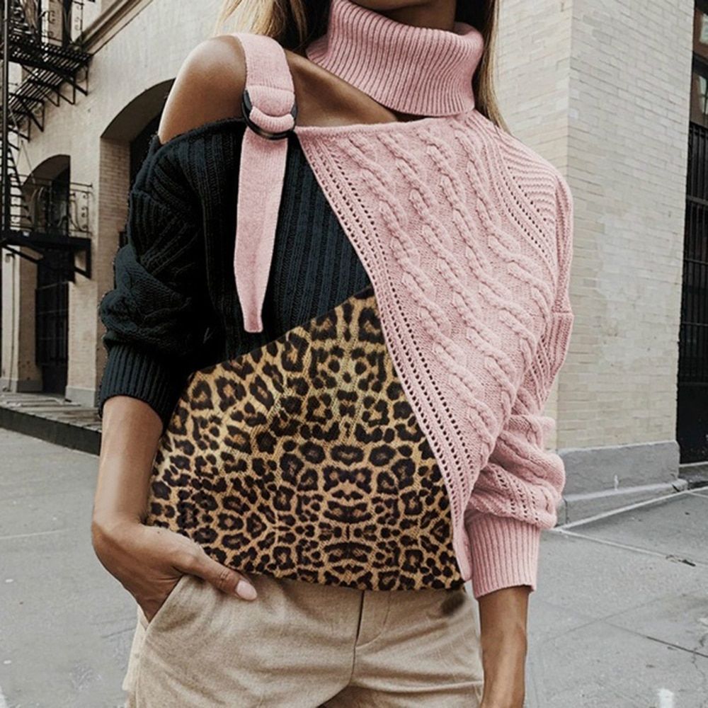 Leopard Patchwork Turtleneck Sweater Women Sexy Off Shoulder Color Block Knitted Sweaters  Batwing Long Sleeve Pullover Tops(#white Pink)
