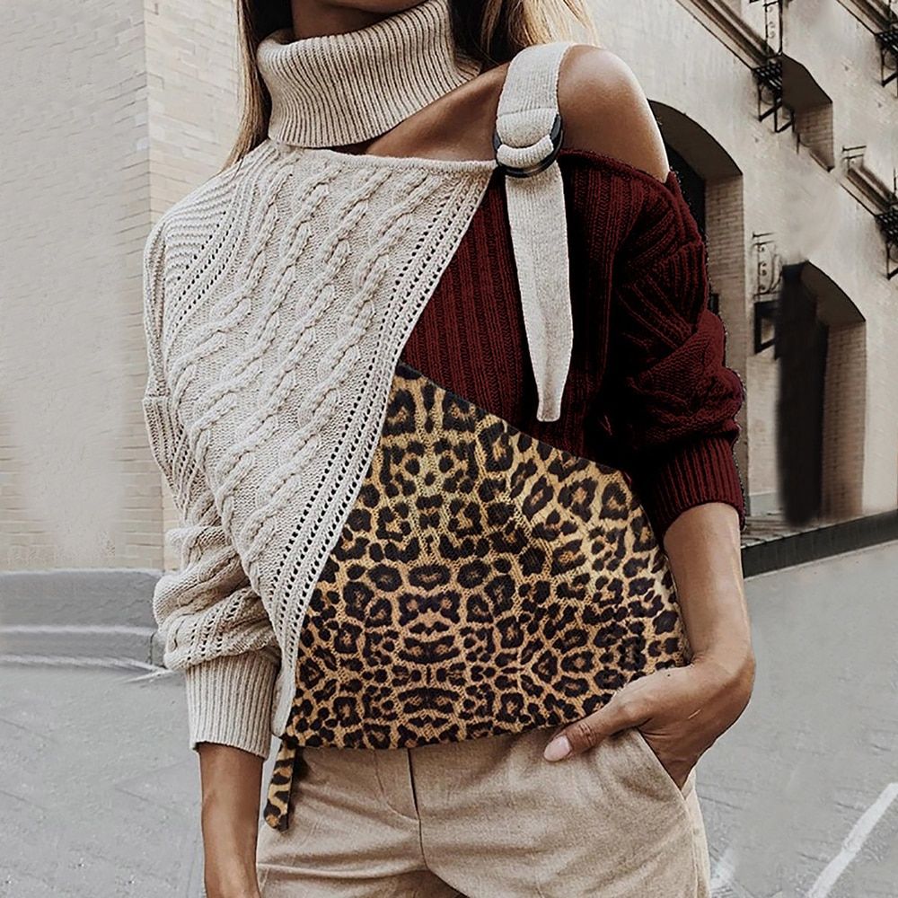 Leopard Patchwork Turtleneck Sweater Women Sexy Off Shoulder Color Block Knitted Sweaters  Batwing Long Sleeve Pullover Tops(#white Pink)