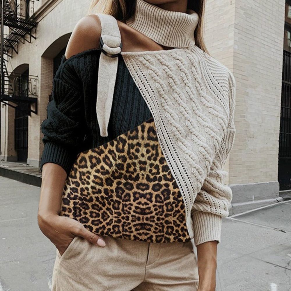 Leopard Patchwork Turtleneck Sweater Women Sexy Off Shoulder Color Block Knitted Sweaters  Batwing Long Sleeve Pullover Tops(#white Pink)