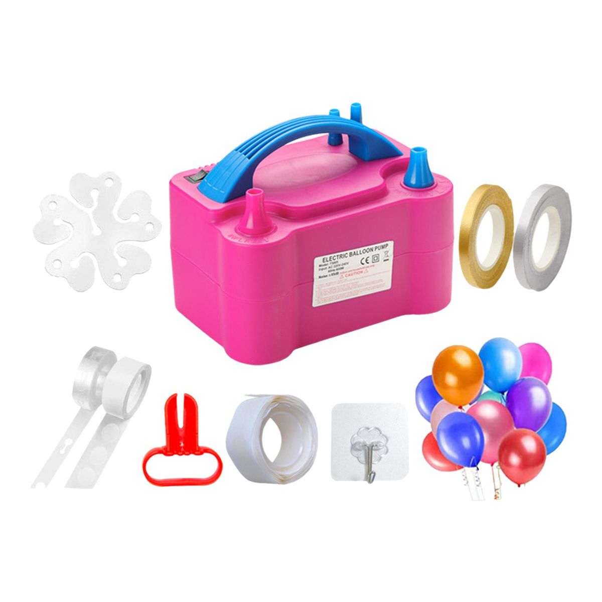122PCS Electric Air Balloon Pump Kit Portable Inflator Balloon Blower Pump Air Balloon Blower Buddy for Party Decoration Ribbon 100PCS Balloons 10PCS Flower Clips
