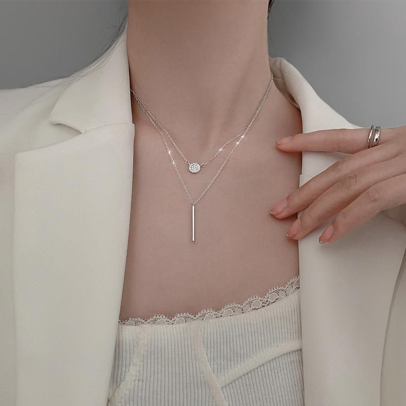 Hot 925 sterling silver Square Flash Diamond Round Double Necklace Women Clavicle Chain Fine Jewelry Party Wedding Accessories