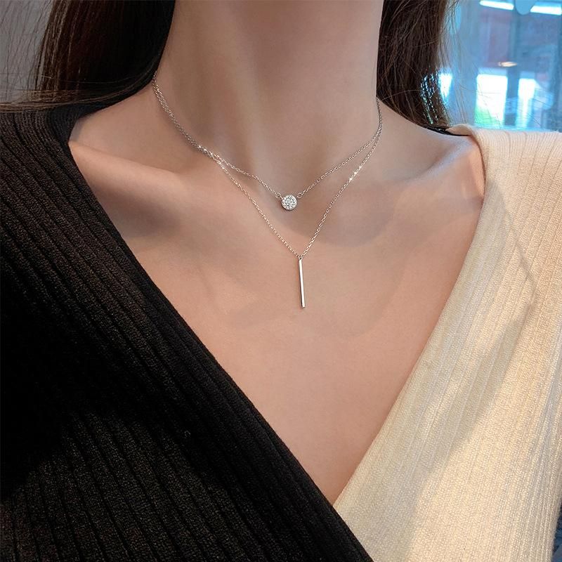Hot 925 sterling silver Square Flash Diamond Round Double Necklace Women Clavicle Chain Fine Jewelry Party Wedding Accessories