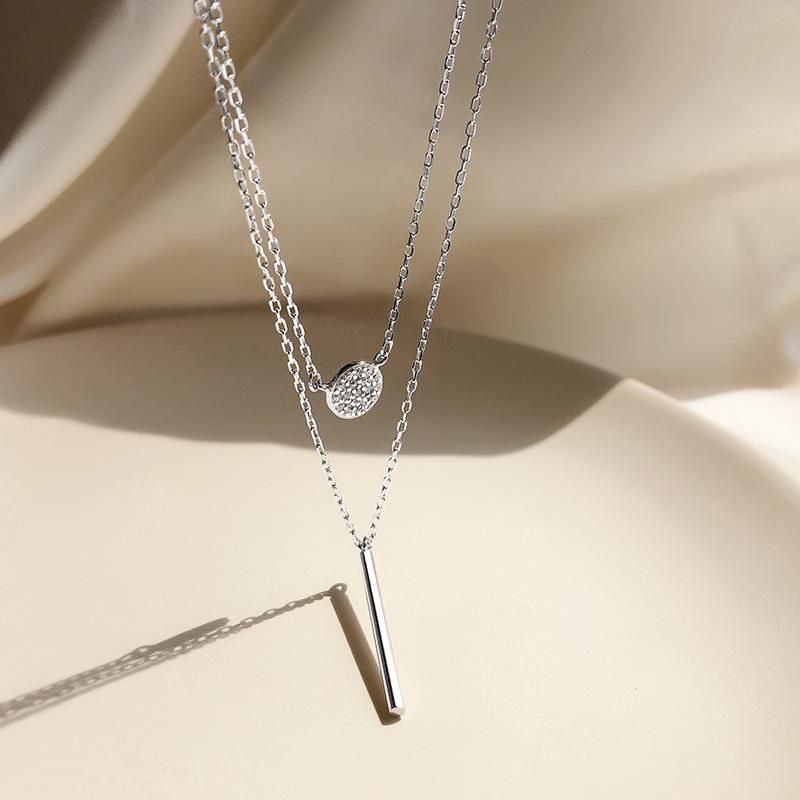 Hot 925 sterling silver Square Flash Diamond Round Double Necklace Women Clavicle Chain Fine Jewelry Party Wedding Accessories