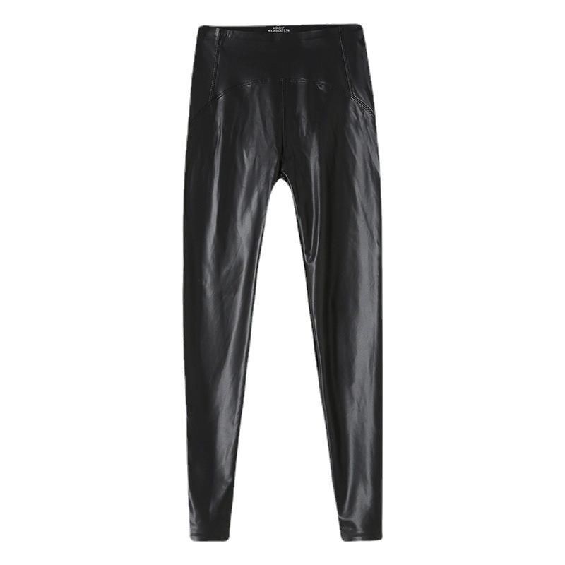 Matte PU leather pants for women's spring oversized plush leggings, tight elastic small foot