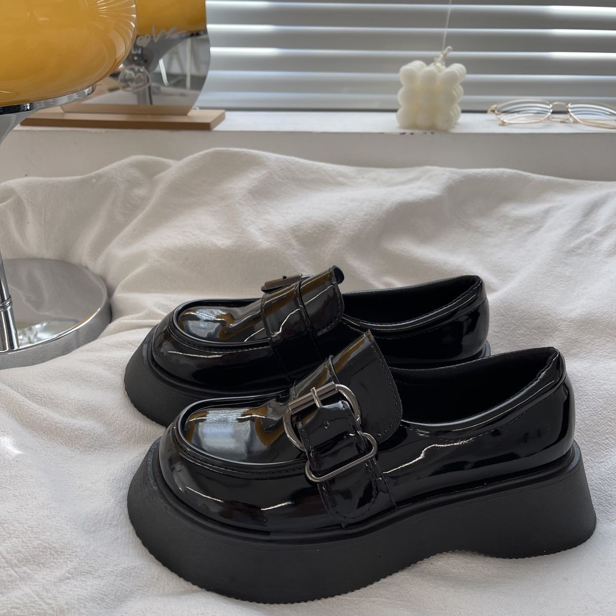 Belt Buckle Chunky Platform Loafers Shoes Women 2022 Patent Leather Round Toe Black Punk Goth Y2K Shoes Women