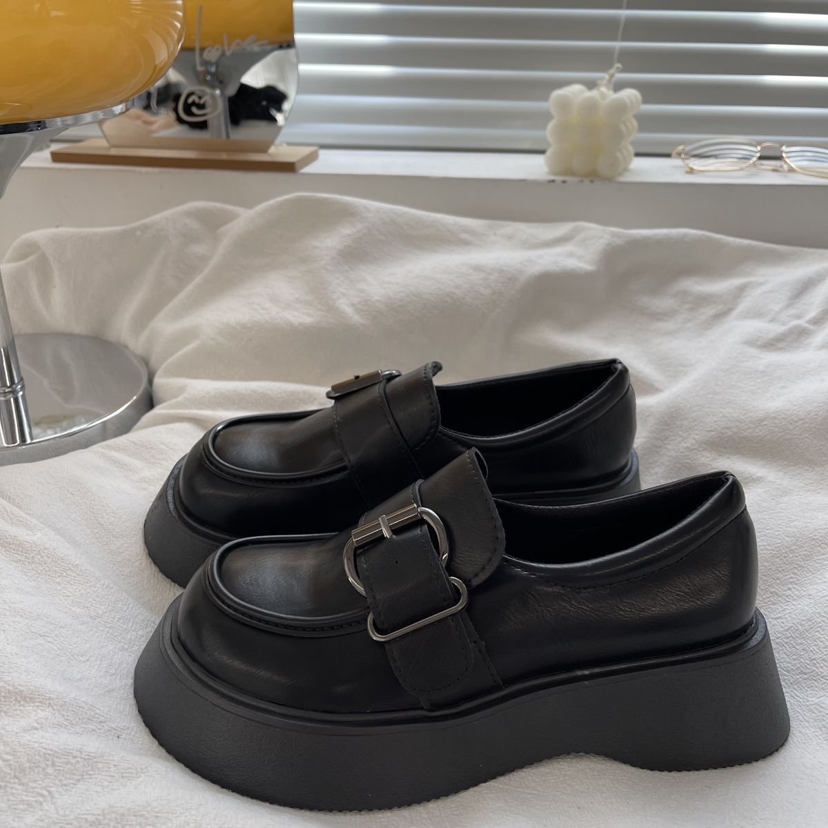 Belt Buckle Chunky Platform Loafers Shoes Women 2022 Patent Leather Round Toe Black Punk Goth Y2K Shoes Women