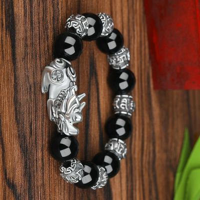 Feng Shui Black Obsidian Wealth Mens Bracelet  - Silver