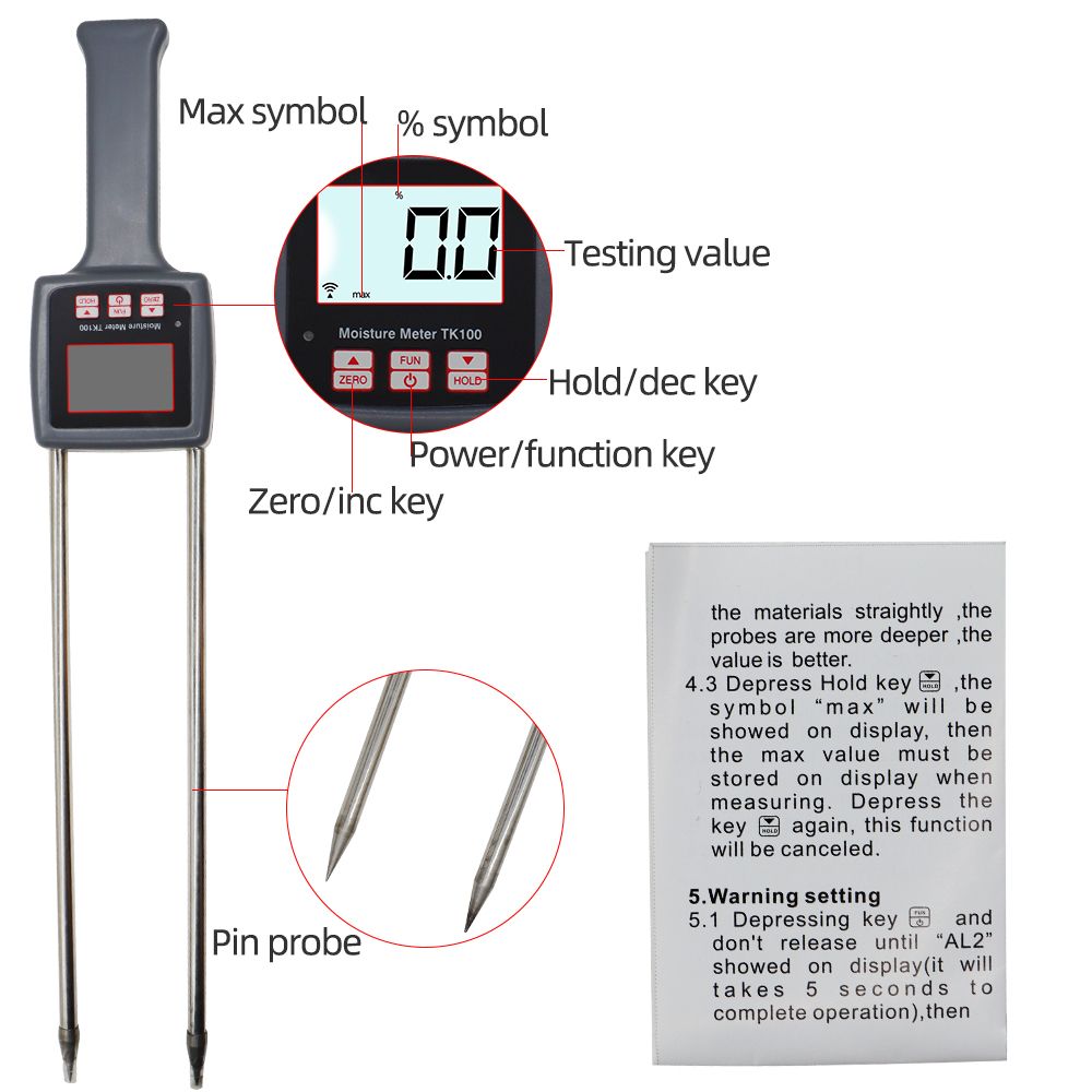 Moisture Meter Multifunctional Moisture Meter TK100 Powder Moisture Measuring Tool For Grains  Plastic Granule Soap