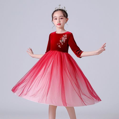 Girls Princess Dress Mesh And Velvet Embroidered Red Gown+Crown For Free