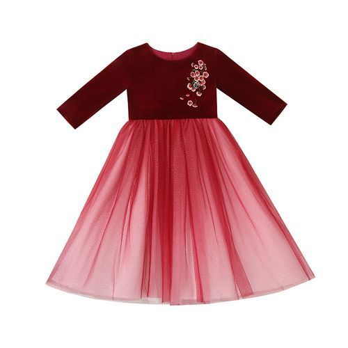 Girls Princess Dress Mesh And Velvet Embroidered Red Gown+Crown For Free