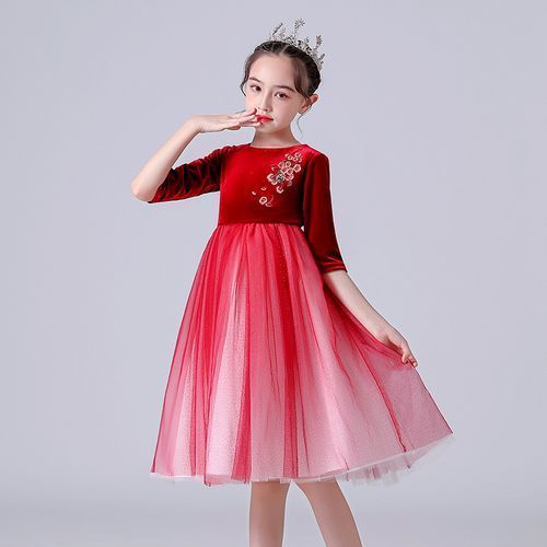 Girls Princess Dress Mesh And Velvet Embroidered Red Gown+Crown For Free
