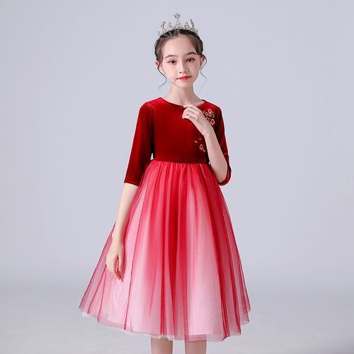Girls Princess Dress Mesh And Velvet Embroidered Red Gown+Crown For Free