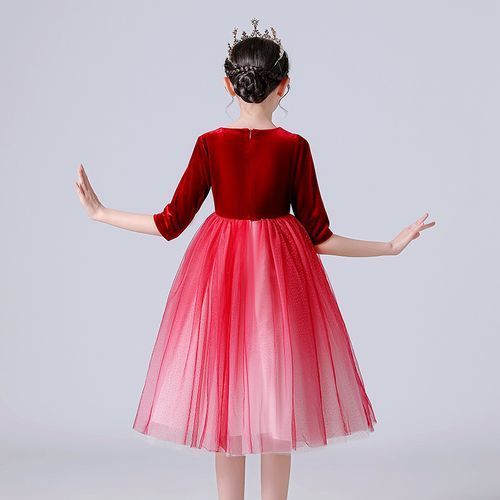 Girls Princess Dress Mesh And Velvet Embroidered Red Gown+Crown For Free