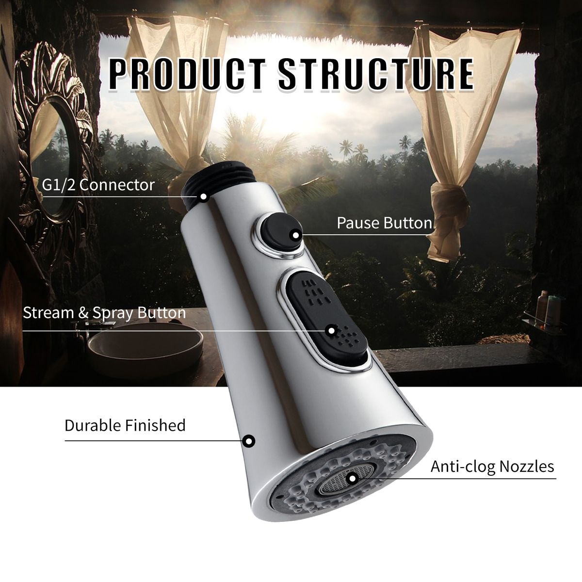 Faucet Spayer Head Sink 3 Functions Spray Head G1/2 Pull Out