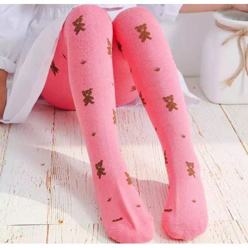 Cute Bear Print Mixed Cotton Girl Toddler Footed Leggings- Fuschia Pink