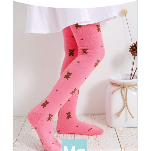 Cute Bear Print Mixed Cotton Girl Toddler Footed Leggings- Fuschia Pink