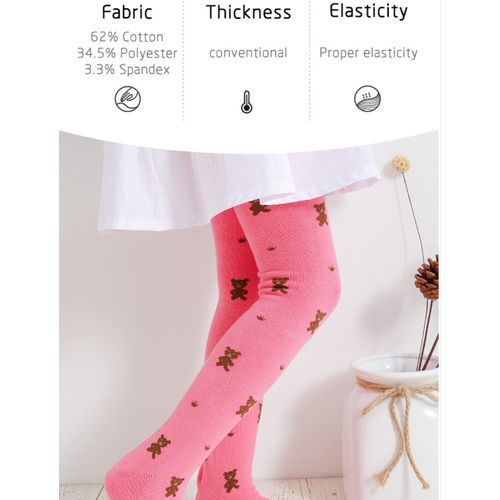 Cute Bear Print Mixed Cotton Girl Toddler Footed Leggings- Fuschia Pink