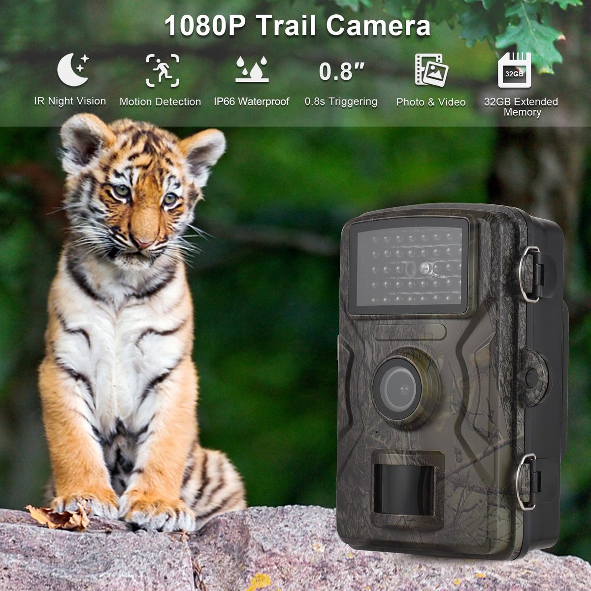 1080P Trail Camera 16MP Wildlife Scouting Camera Tracking Camera with 2.0 Inch TFT Color Screen 0.8s Trigger Time Supports Infrared Night Vision Motion Activated IP66 Waterproof