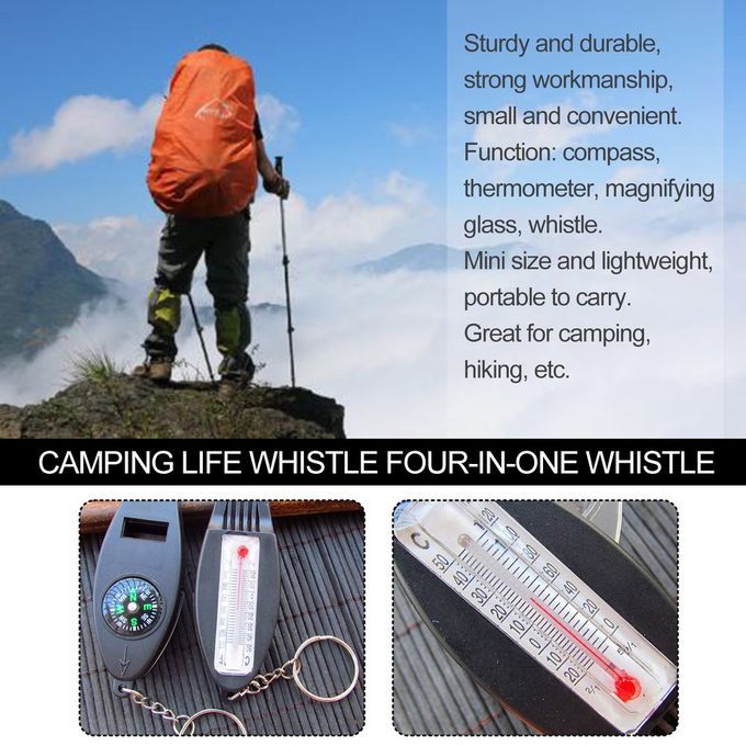 4-in-1 Whistle With Compass Magnifier Thermometer Outdoor Camping Whistle Black
