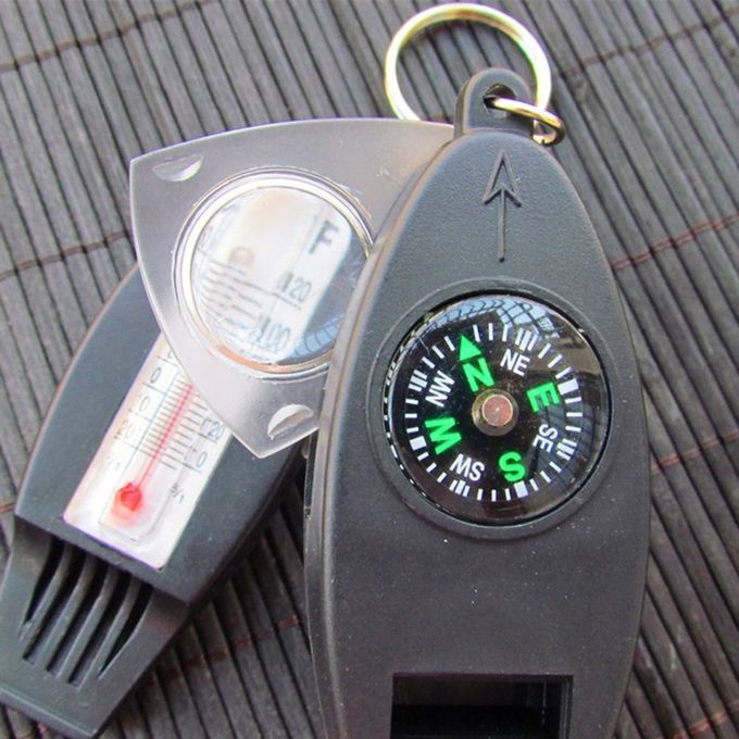 4-in-1 Whistle With Compass Magnifier Thermometer Outdoor Camping Whistle Black