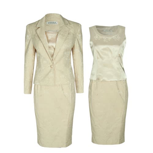 A Floral Patterned Notch Lapel 3-piece Ladies Skirt Suit- Cream. Lss-4910