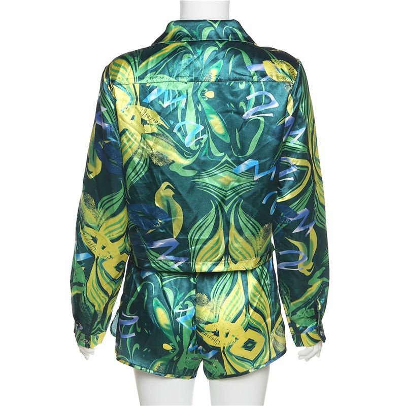 Two Piece Set Women Hipster Print Loose Top+ Slim Sexy Elastic Waist Shorts
