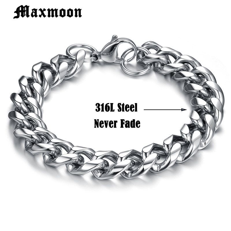 Maxmoon 3-11mm Men's Bracelets Silver Stainless Steel Curb