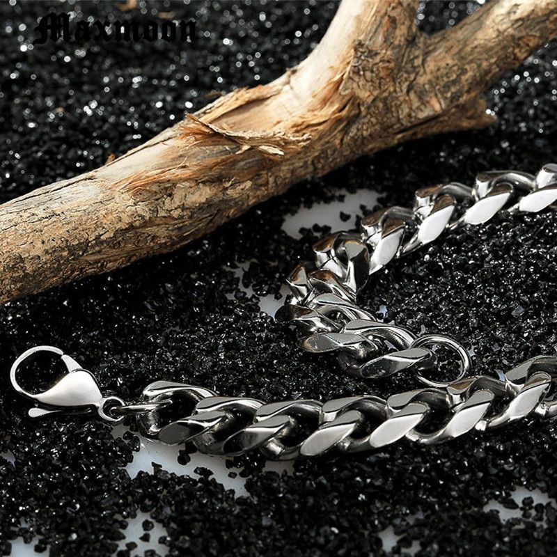 Maxmoon 3-11mm Men's Bracelets Silver Stainless Steel Curb