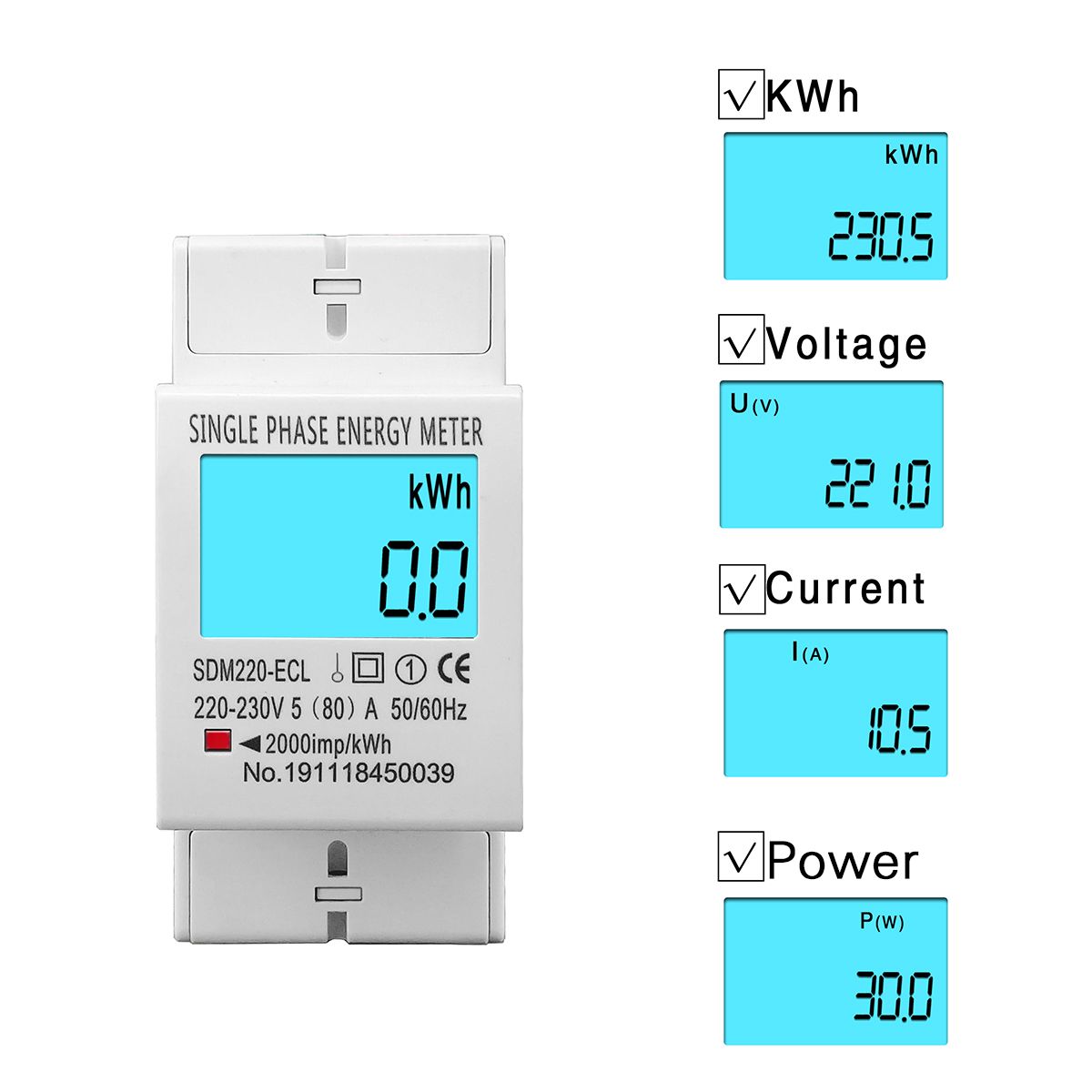 80A Din Rail Single Phase Two Wire AC 220V 230V 50Hz/60Hz LCD Digital Display Power Consumption Energy Electric Meter KWh