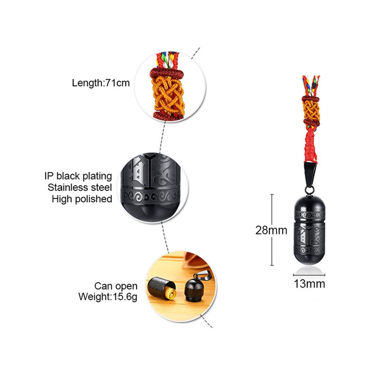 Necklace For Men 71cm Long Braided Rope Chain Cremation Black