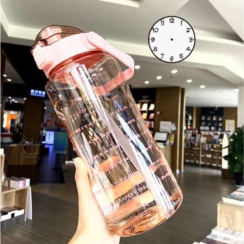 2000ml Daily Reminder Water Bottle With Straw/scale - Pink
