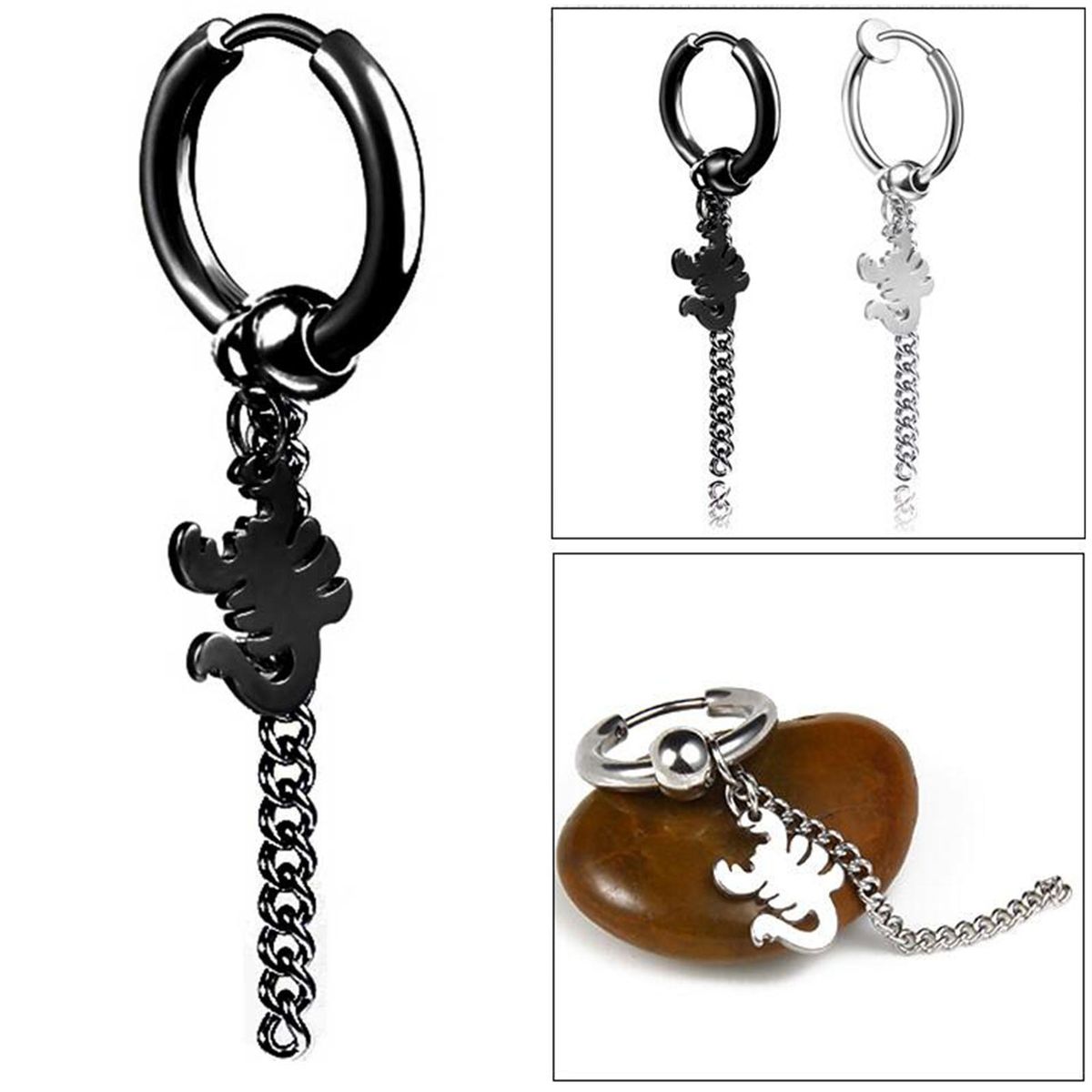 1Pc Hoop Earring Cool Unisex Stainless steel Long-Black
