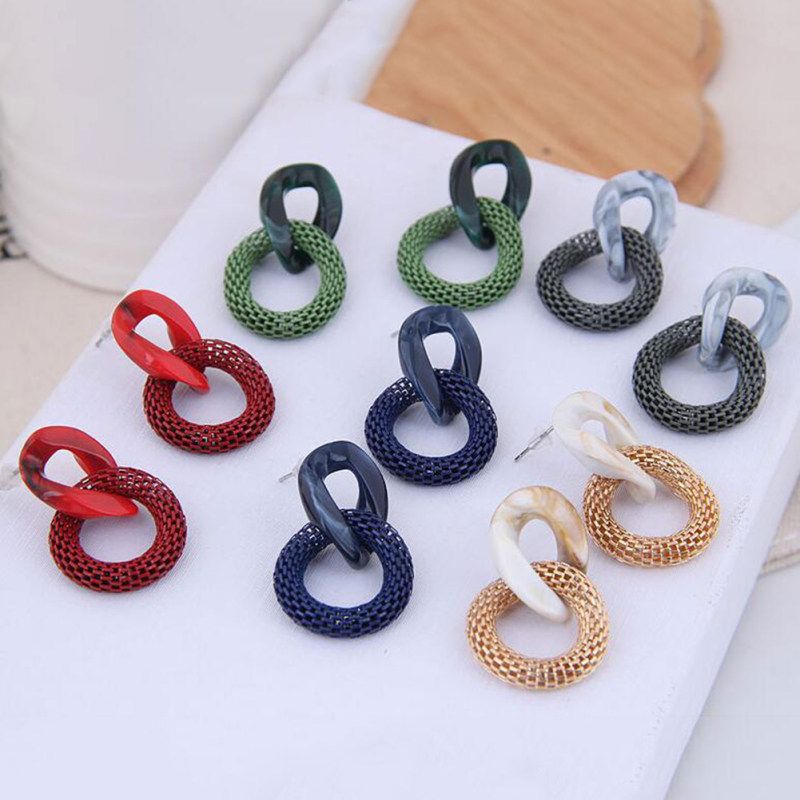 Women Fashion Acrylic Mesh Linked Circle Pendant Stud-Red