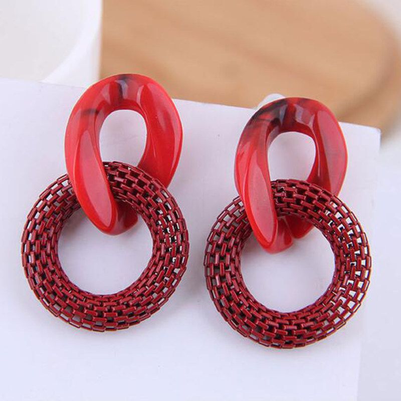 Women Fashion Acrylic Mesh Linked Circle Pendant Stud-Red