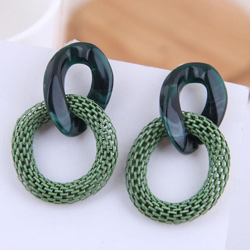 Women Fashion Acrylic Mesh Linked Circle Pendant Stud-Red