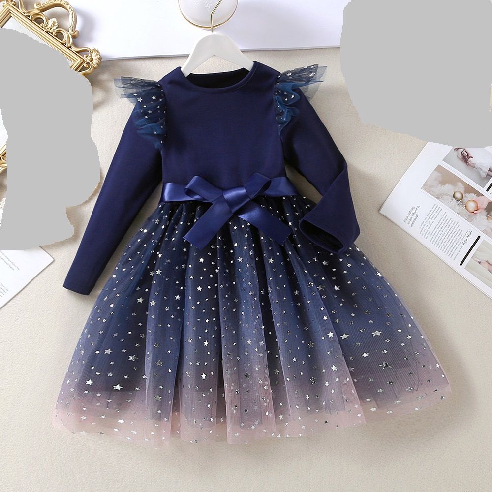 GIRL LONGSLEEVE STAR DRESS GOWN - NAVY BLUE  - G421