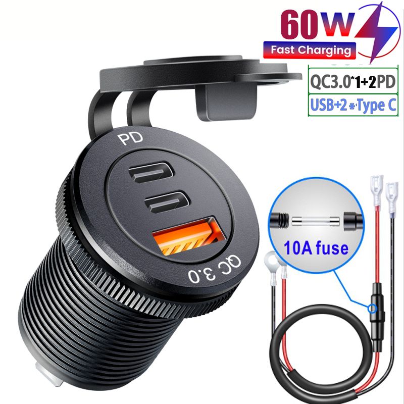 PD USB C Charger 12V/24V Triple Aluminum Metal 60W USB-C Multiple Car Charger Socket Two PD3.0 &  QC3.0 Ports Fast Car Adapter