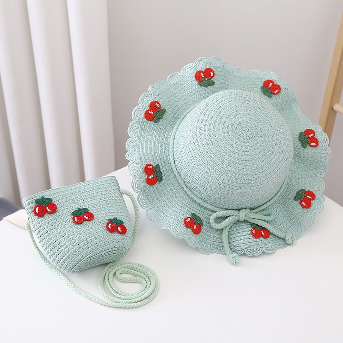 Hat Bag Set Baby Girls Breathable Straw Hat Handbag Lake Blue